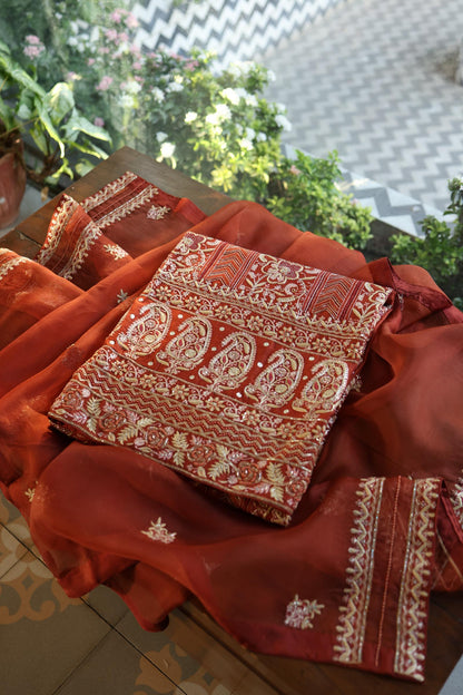 Rust Orange Moonga Silk Chikankari Unstitched Fabric