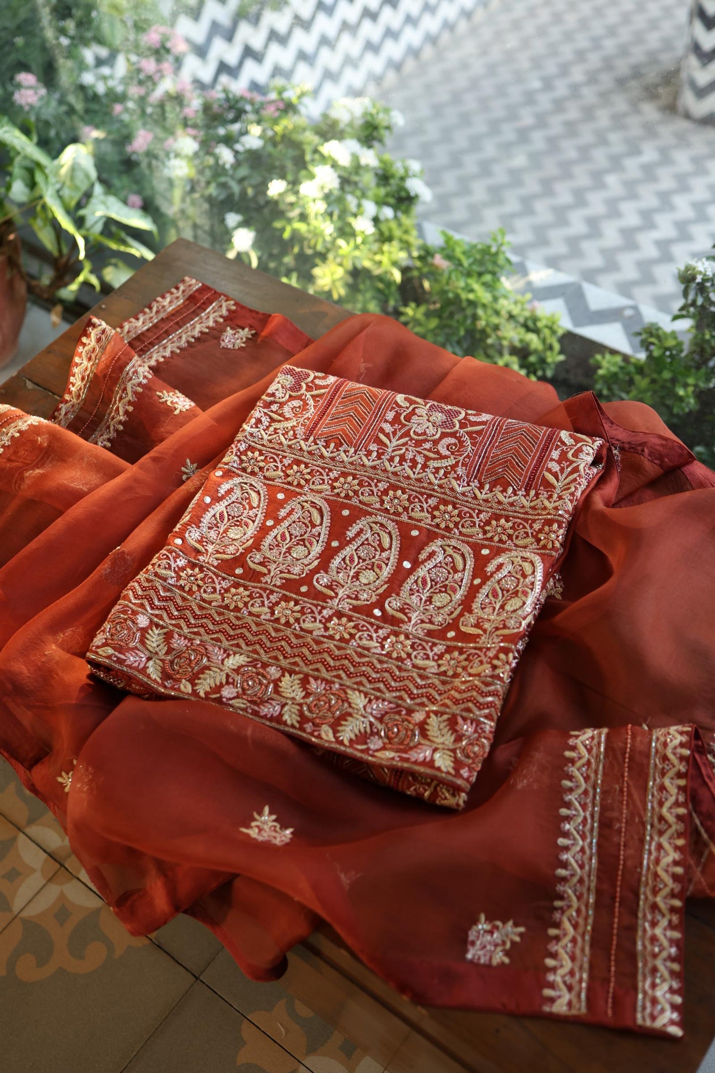 Rust Orange Moonga Silk Chikankari Unstitched Fabric