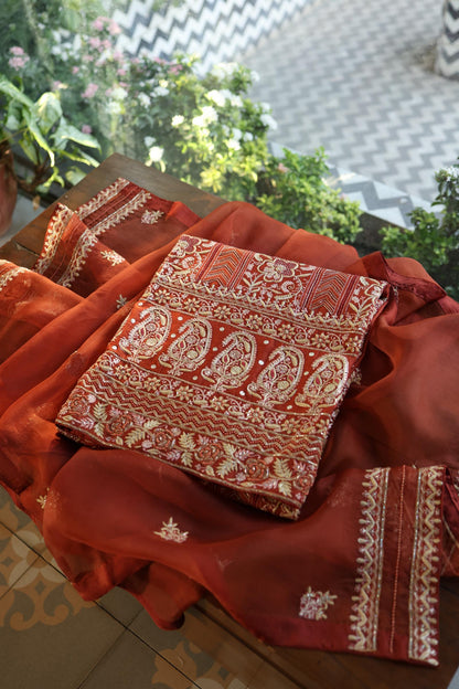 Rust Orange Moonga Silk Chikankari Unstitched Fabric