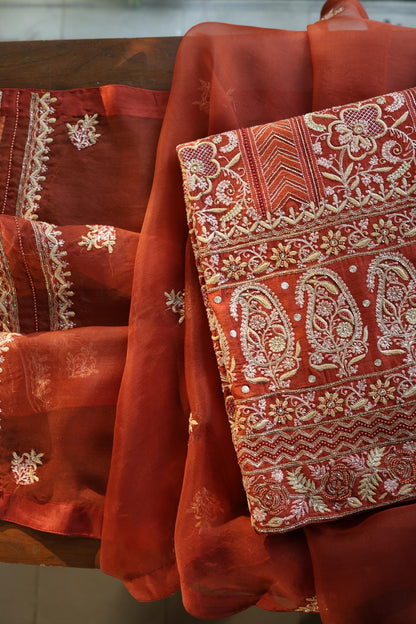 Rust Orange Moonga Silk Chikankari Unstitched Fabric