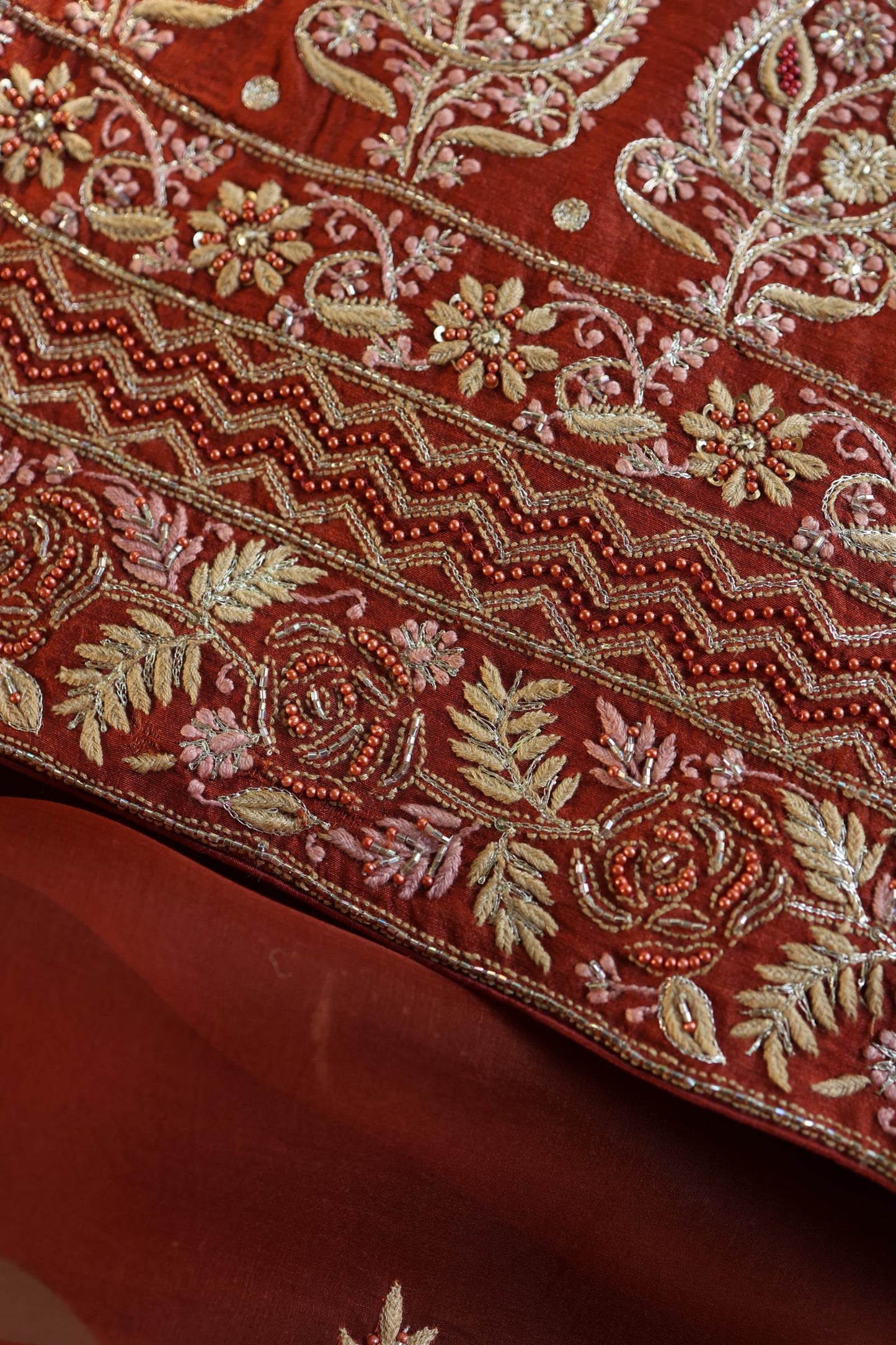 Rust Orange Moonga Silk Chikankari Unstitched Fabric