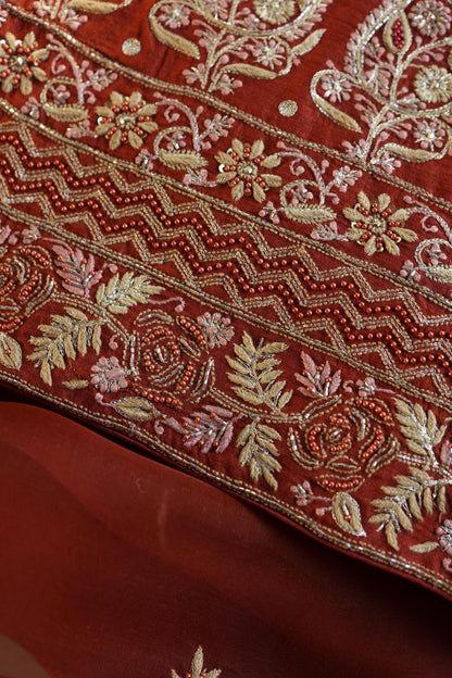 Rust Orange Moonga Silk Chikankari Unstitched Fabric