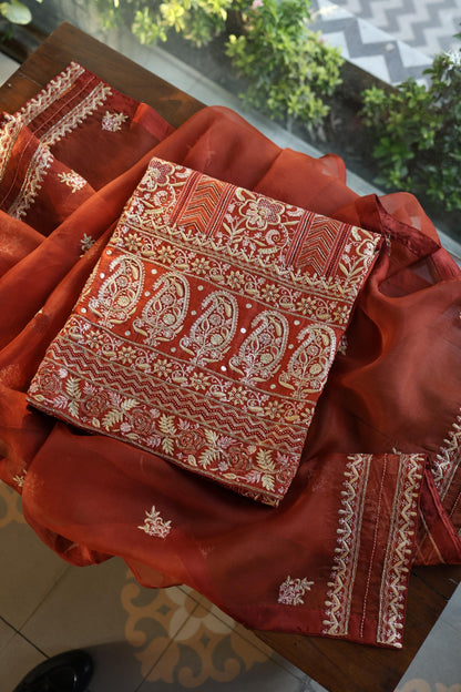 Rust Orange Moonga Silk Chikankari Unstitched Fabric