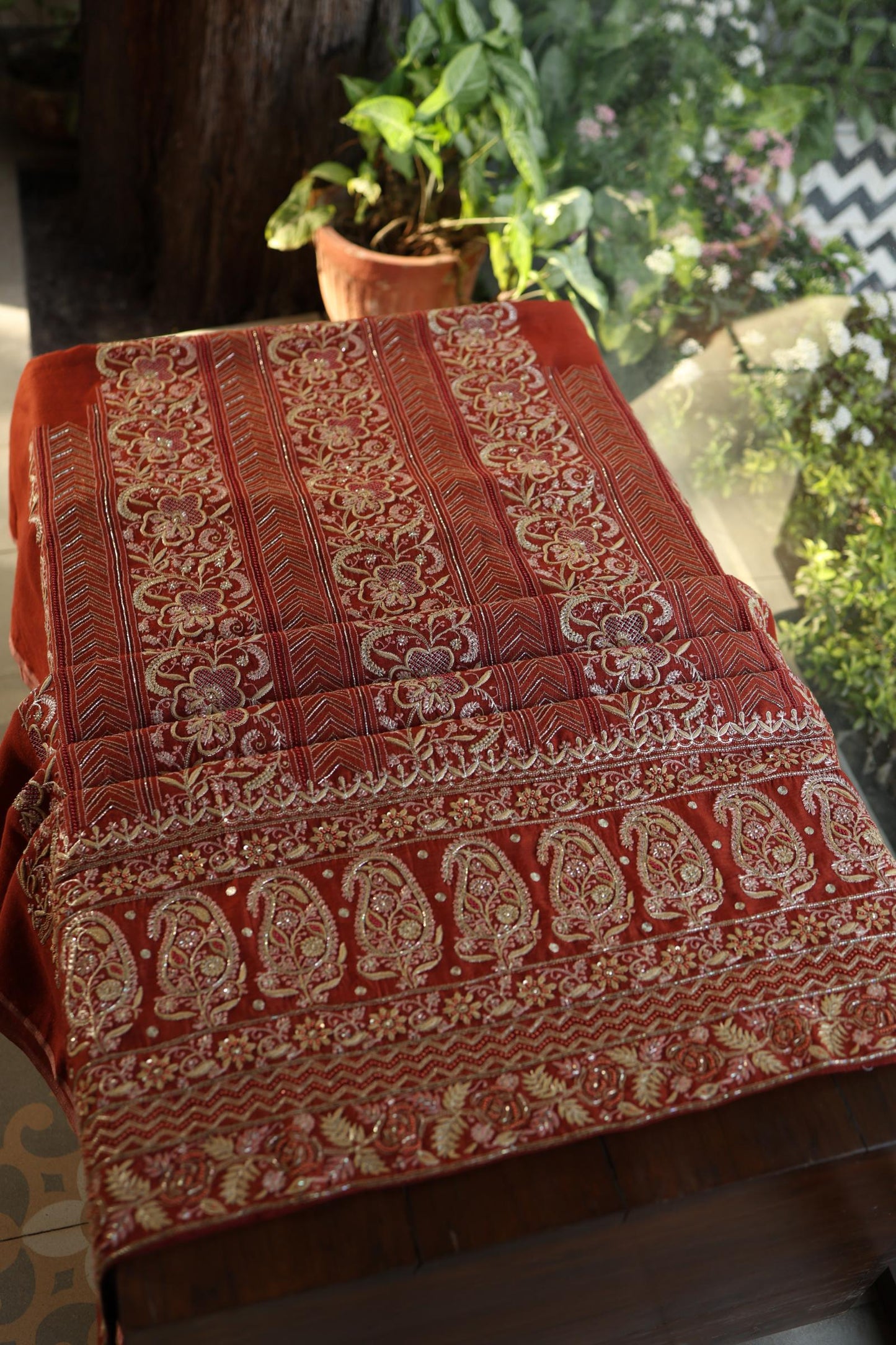 Rust Orange Moonga Silk Chikankari Unstitched Fabric