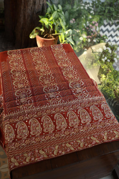 Rust Orange Moonga Silk Chikankari Unstitched Fabric