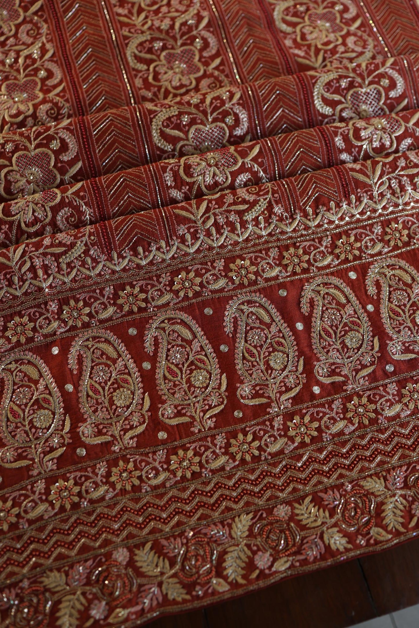 Rust Orange Moonga Silk Chikankari Unstitched Fabric