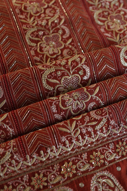 Rust Orange Moonga Silk Chikankari Unstitched Fabric