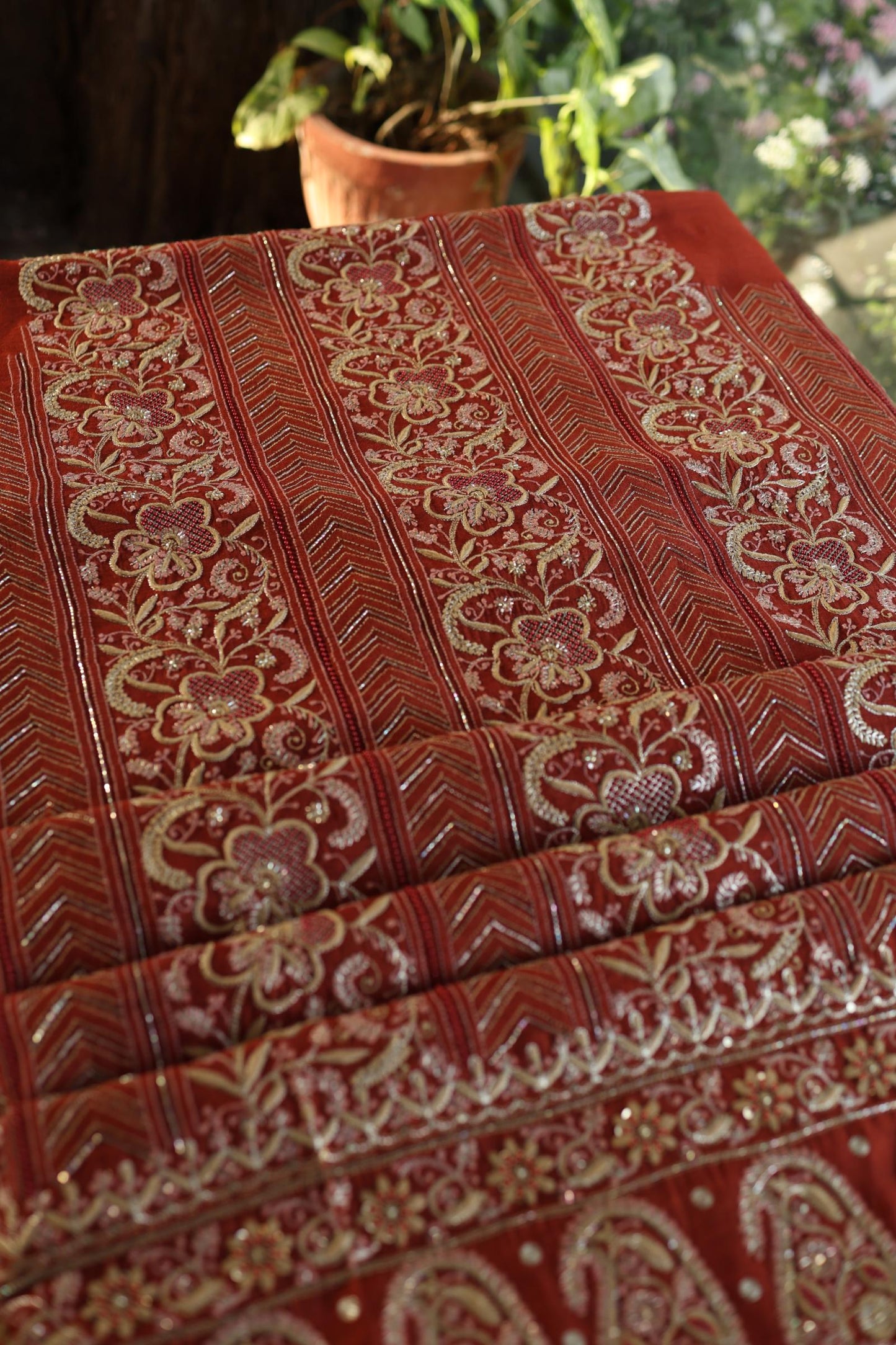 Rust Orange Moonga Silk Chikankari Unstitched Fabric