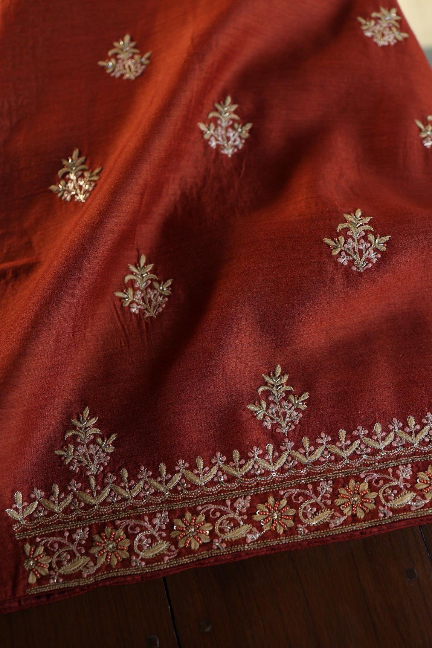 Rust Orange Moonga Silk Chikankari Unstitched Fabric