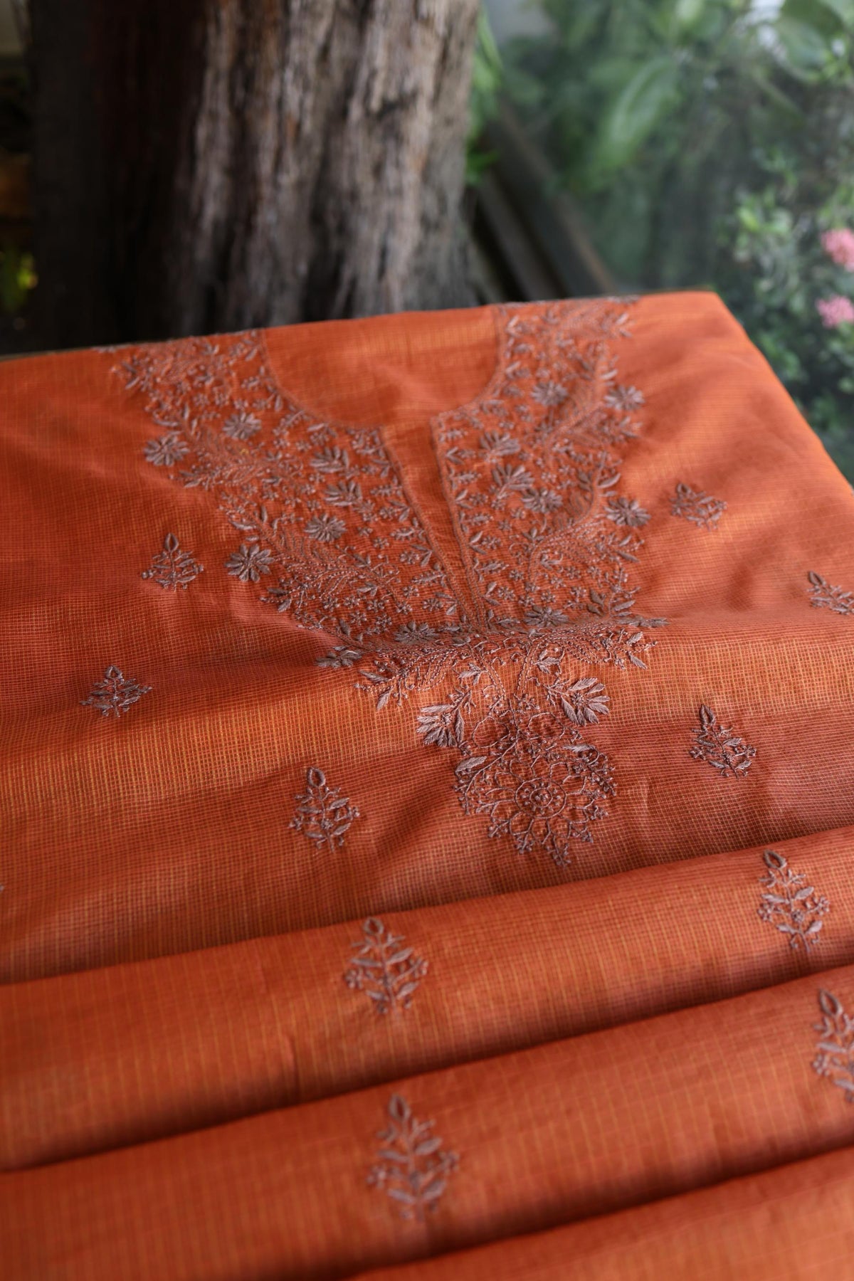 Rust Orange Shade Kota Chikankari Unstitched Fabrics