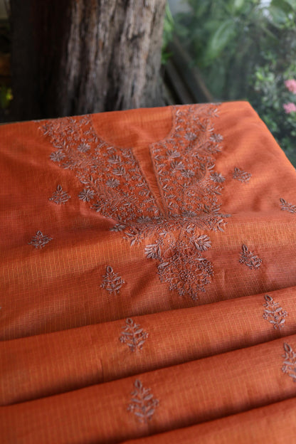 Rust Orange Shade Kota Chikankari Unstitched Fabrics