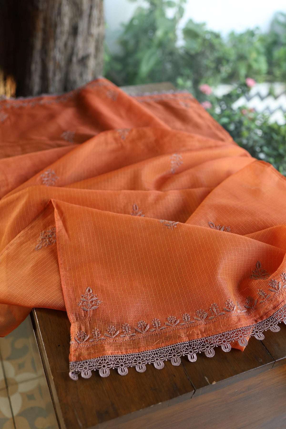 Rust Orange Shade Kota Chikankari Unstitched Fabrics