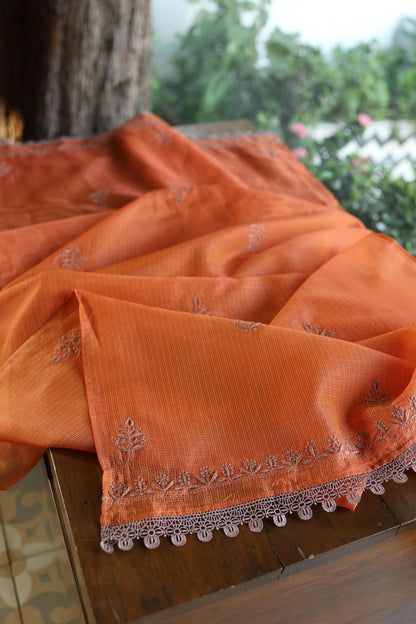 Rust Orange Shade Kota Chikankari Unstitched Fabrics