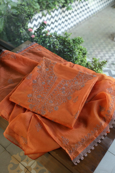 Rust Orange Shade Kota Chikankari Unstitched Fabrics