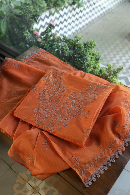 Rust Orange Shade Kota Chikankari Unstitched Fabrics