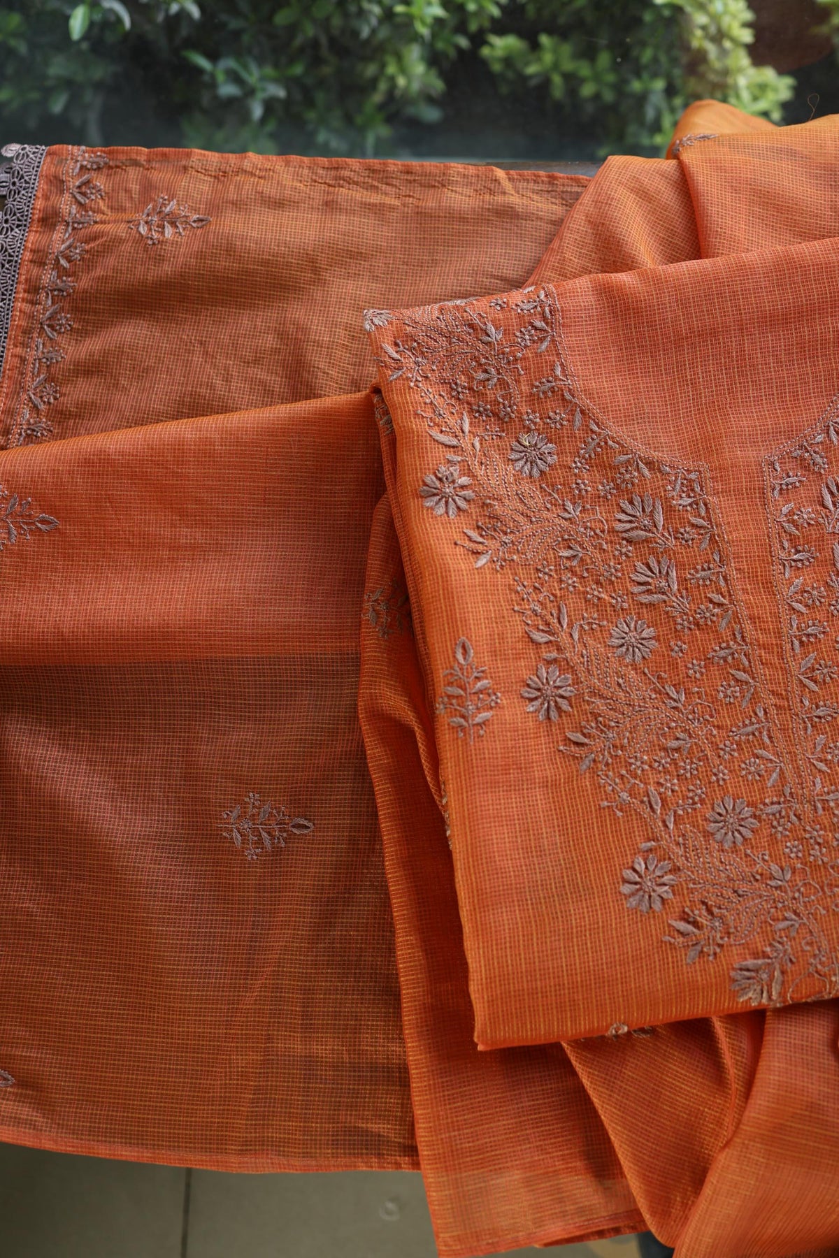 Rust Orange Shade Kota Chikankari Unstitched Fabrics