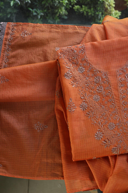 Rust Orange Shade Kota Chikankari Unstitched Fabrics