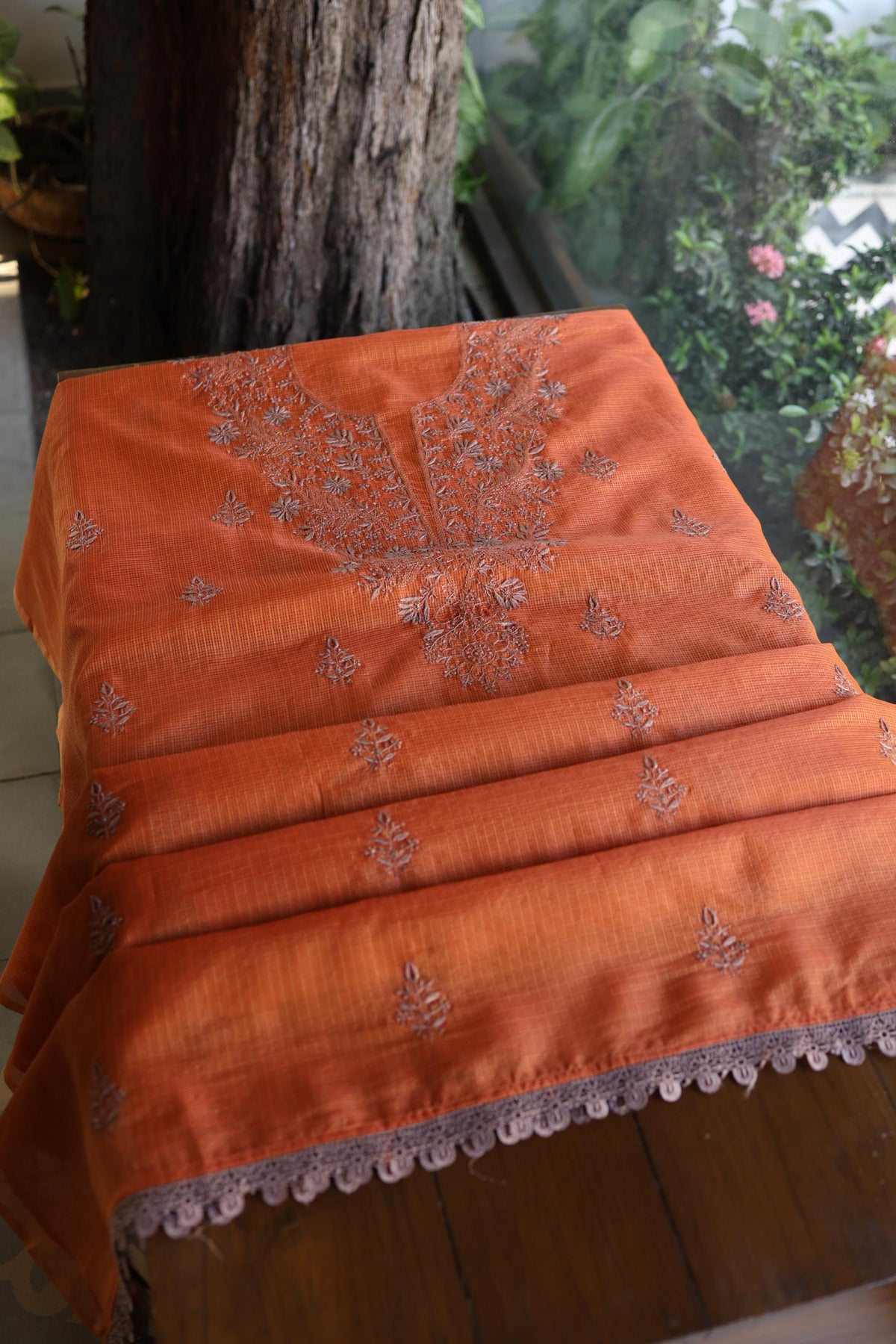 Rust Orange Shade Kota Chikankari Unstitched Fabrics