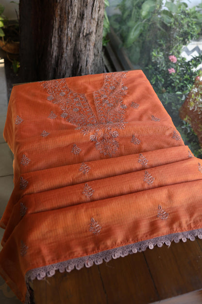 Rust Orange Shade Kota Chikankari Unstitched Fabrics