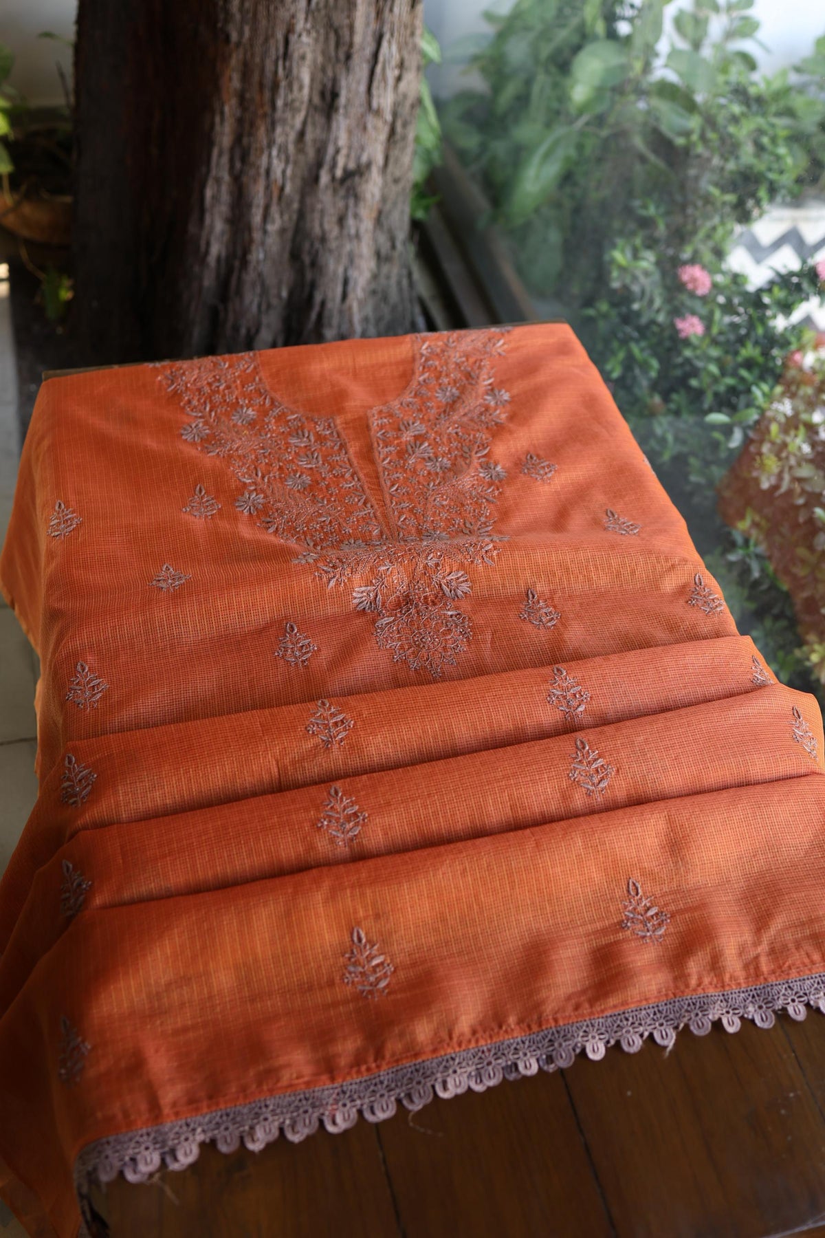 Rust Orange Shade Kota Chikankari Unstitched Fabrics