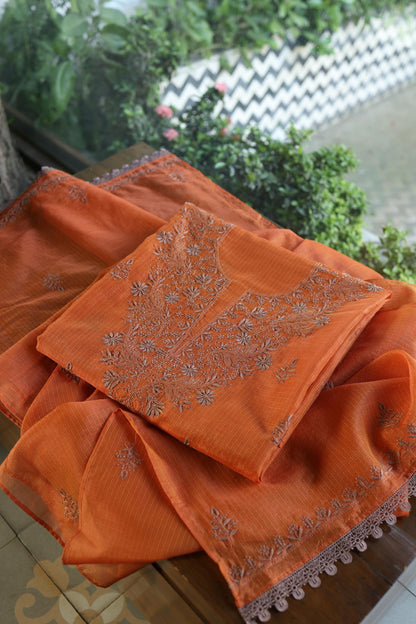 Rust Orange Shade Kota Chikankari Unstitched Fabrics