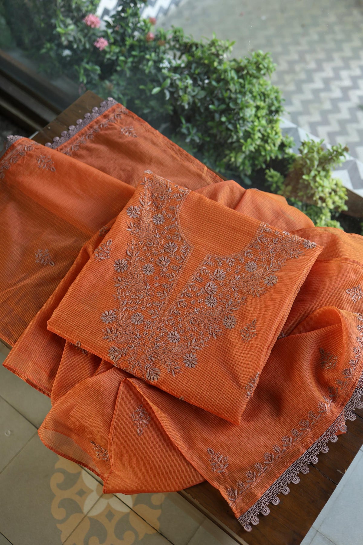 Rust Orange Shade Kota Chikankari Unstitched Fabrics