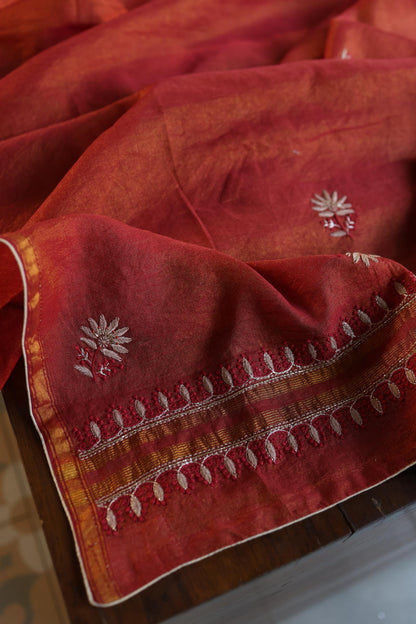 Rust Orange Shade Roheen Tissue Silk Chikankari Unstitched Fabric