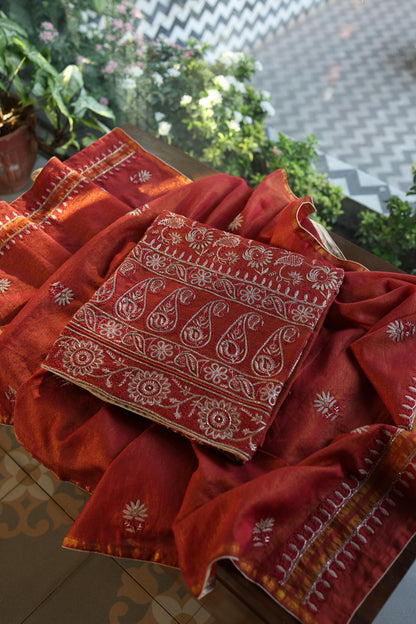 Rust Orange Shade Roheen Tissue Silk Chikankari Unstitched Fabric