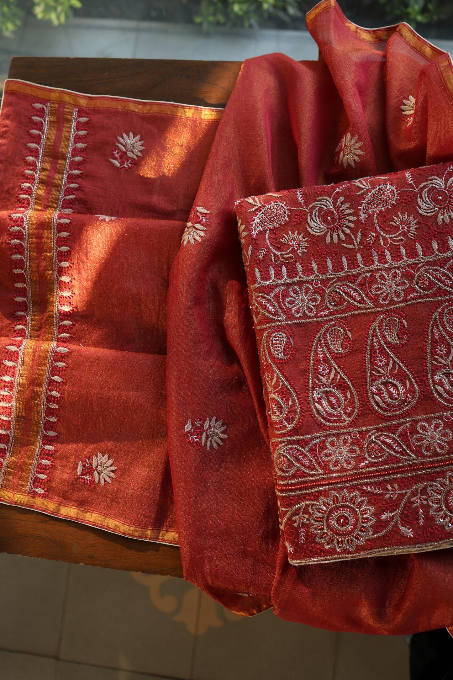 Rust Orange Shade Roheen Tissue Silk Chikankari Unstitched Fabric