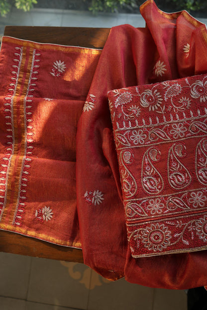 Rust Orange Shade Roheen Tissue Silk Chikankari Unstitched Fabric