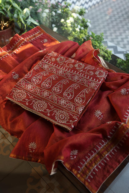 Rust Orange Shade Roheen Tissue Silk Chikankari Unstitched Fabric