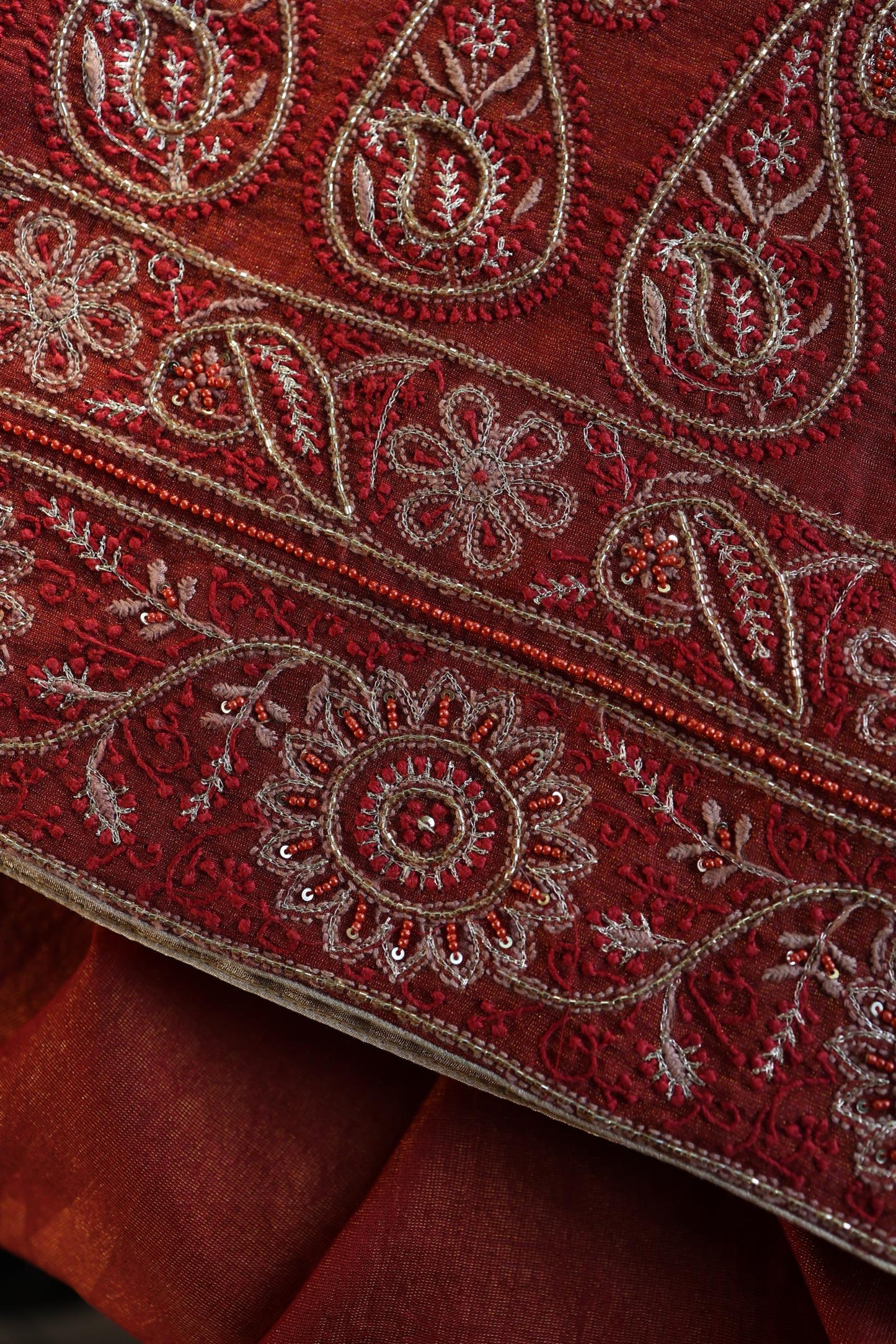 Rust Orange Shade Roheen Tissue Silk Chikankari Unstitched Fabric