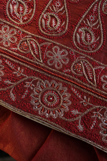 Rust Orange Shade Roheen Tissue Silk Chikankari Unstitched Fabric