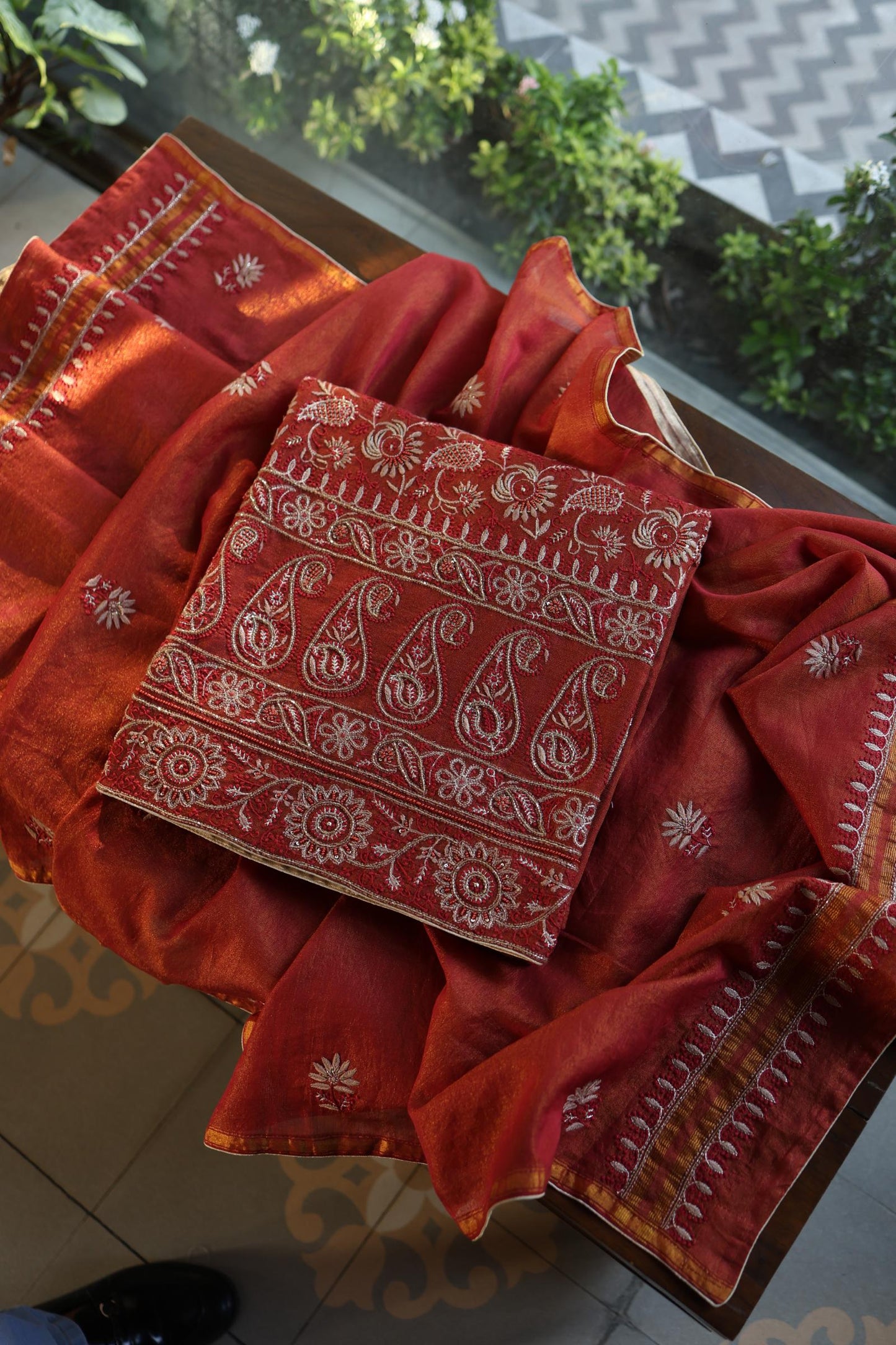 Rust Orange Shade Roheen Tissue Silk Chikankari Unstitched Fabric