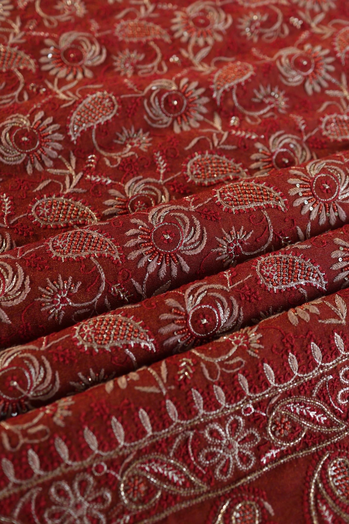 Rust Orange Shade Roheen Tissue Silk Chikankari Unstitched Fabric