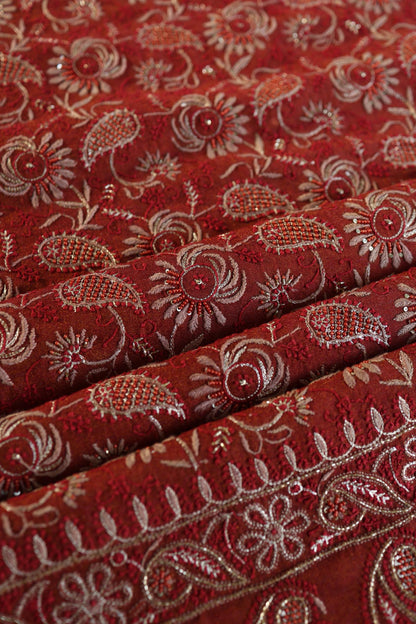 Rust Orange Shade Roheen Tissue Silk Chikankari Unstitched Fabric