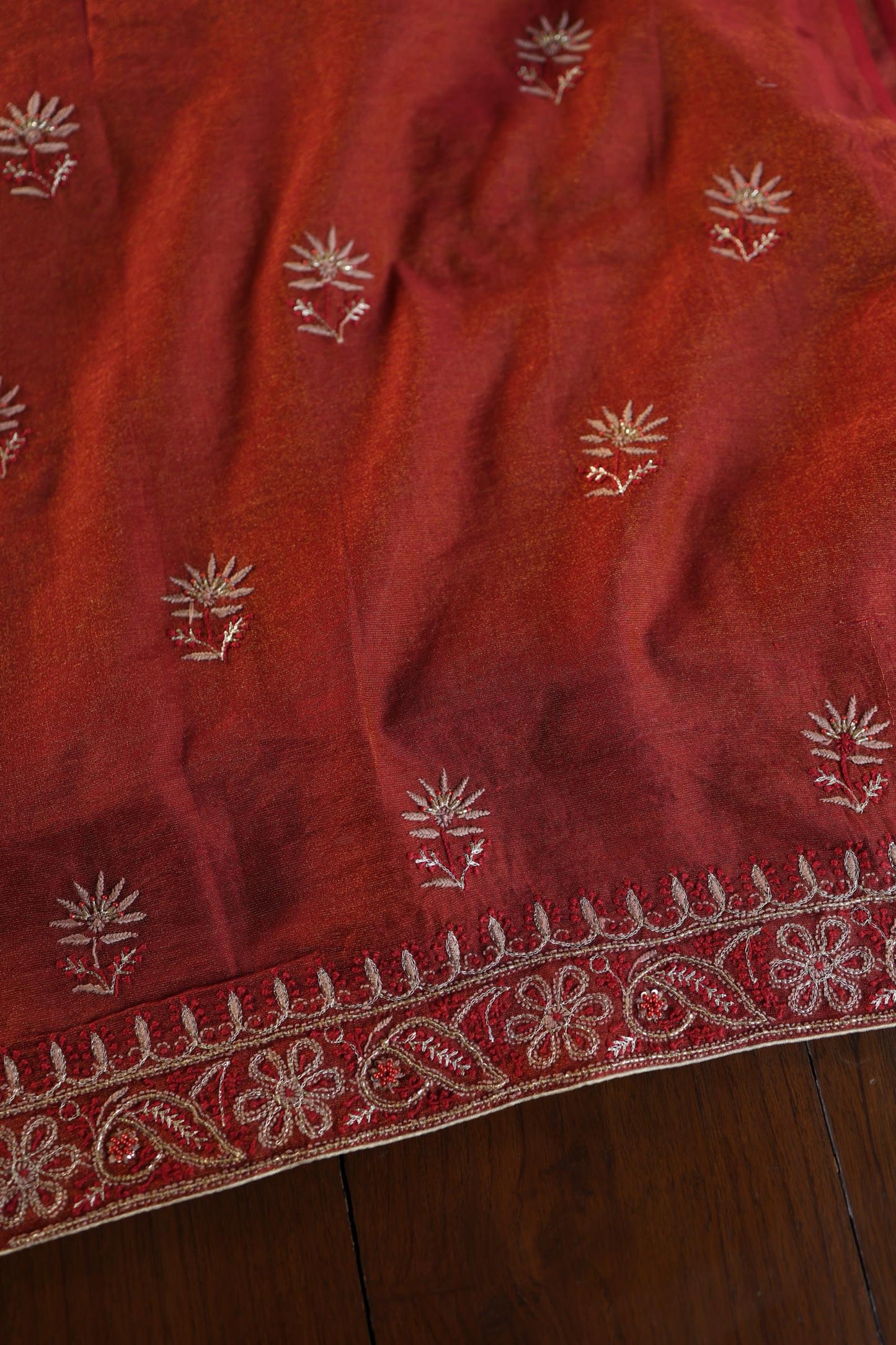 Rust Orange Shade Roheen Tissue Silk Chikankari Unstitched Fabric