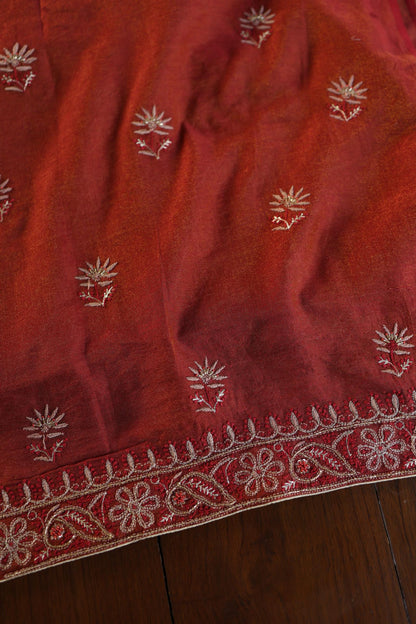 Rust Orange Shade Roheen Tissue Silk Chikankari Unstitched Fabric