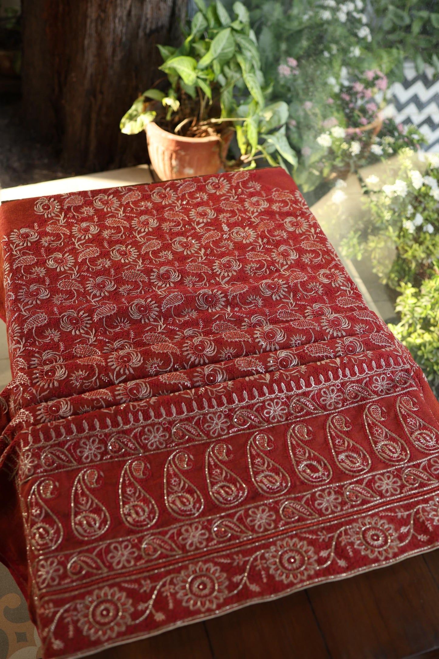 Rust Orange Shade Roheen Tissue Silk Chikankari Unstitched Fabric