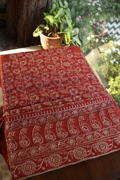 Rust Orange Shade Roheen Tissue Silk Chikankari Unstitched Fabric