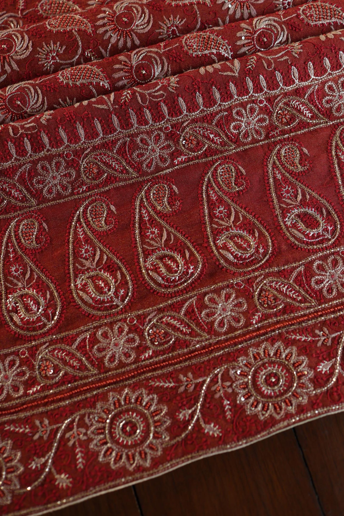 Rust Orange Shade Roheen Tissue Silk Chikankari Unstitched Fabric