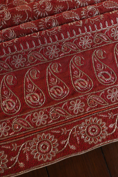 Rust Orange Shade Roheen Tissue Silk Chikankari Unstitched Fabric