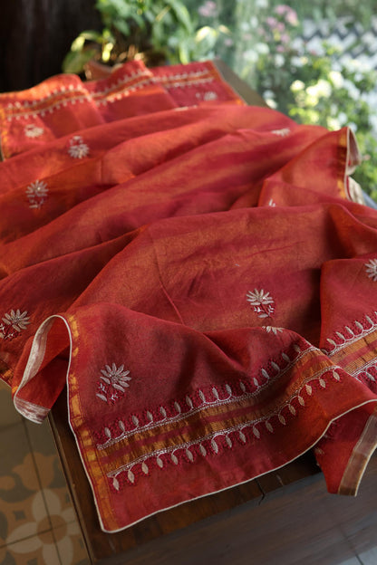 Rust Orange Shade Roheen Tissue Silk Chikankari Unstitched Fabric