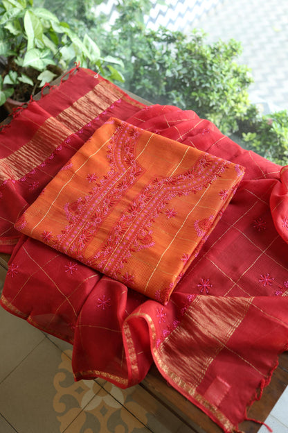 Rust Orange Shade Tissue Zari Kota Chikankari Unstitched Fabric