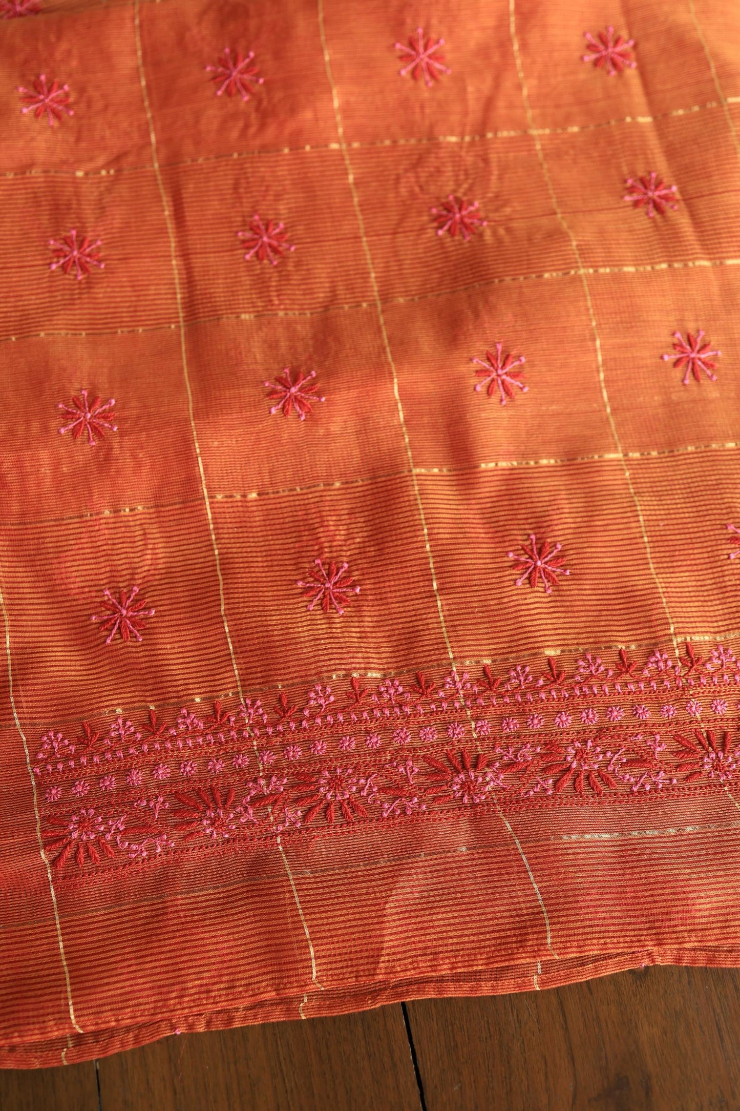 Rust Orange Shade Tissue Zari Kota Chikankari Unstitched Fabric