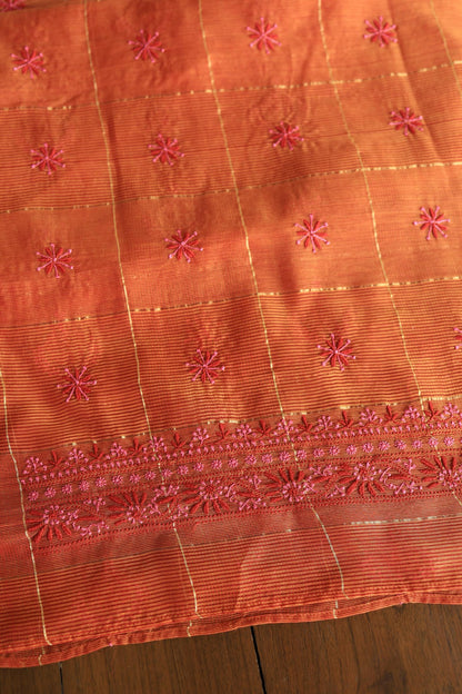 Rust Orange Shade Tissue Zari Kota Chikankari Unstitched Fabric