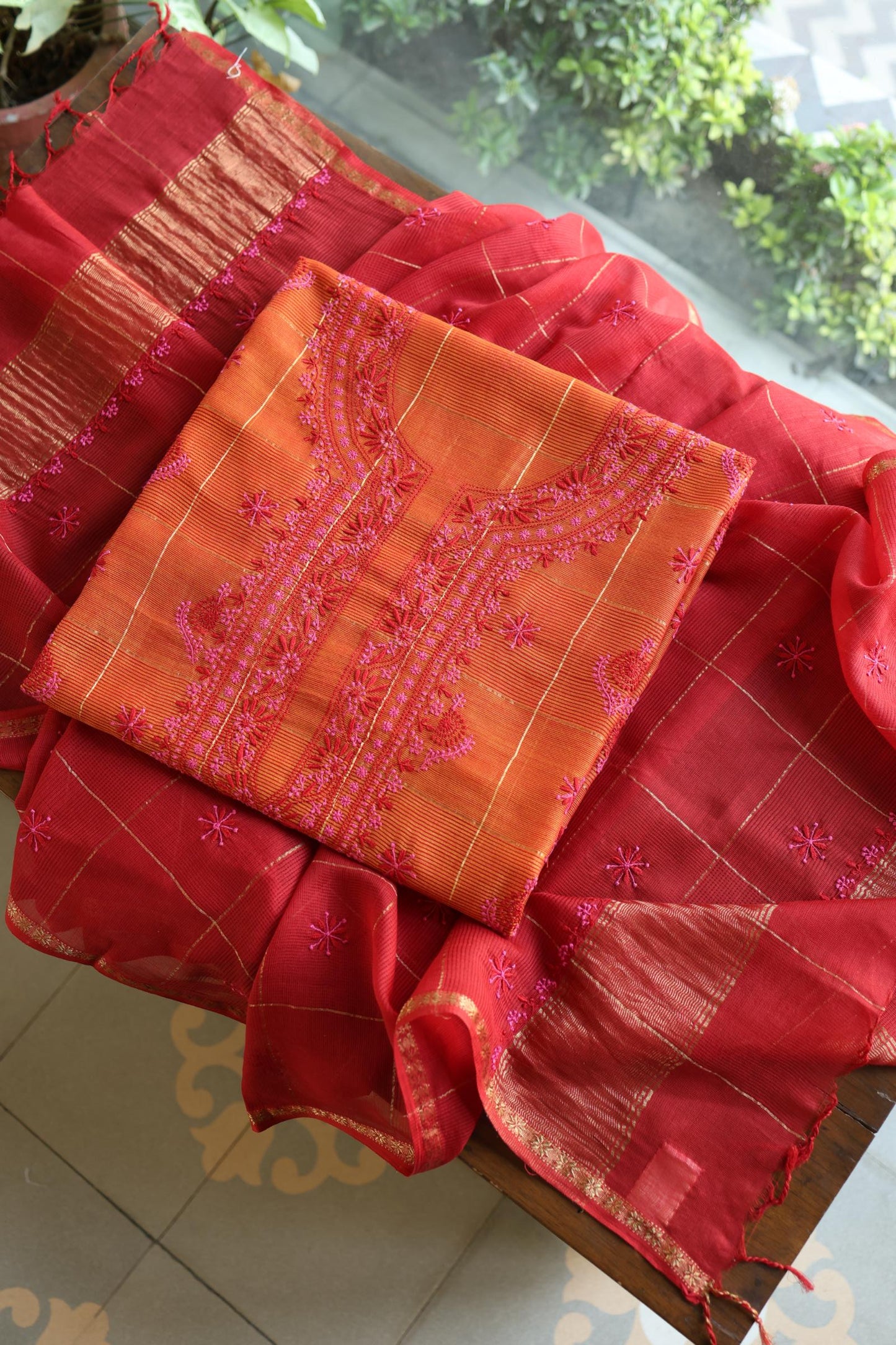 Rust Orange Shade Tissue Zari Kota Chikankari Unstitched Fabric