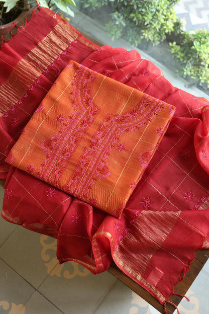 Rust Orange Shade Tissue Zari Kota Chikankari Unstitched Fabric
