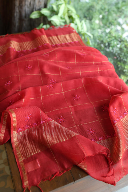 Rust Orange Shade Tissue Zari Kota Chikankari Unstitched Fabric