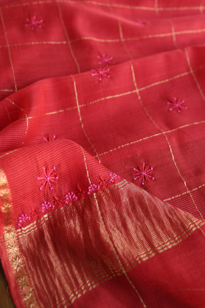 Rust Orange Shade Tissue Zari Kota Chikankari Unstitched Fabric